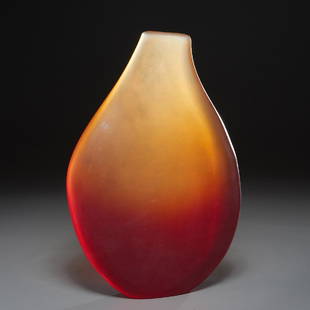 Simone Cenedese inciso glass sculpture: Simone Cenedese inciso glass sculpture, c. 1980s, Italy, solid amber hued torquing vase-form glass, etch signed "Simone Cenedese - Dan N.. (?)", on underside, 18"h x 12"l x 4"w Provenance: Property fr