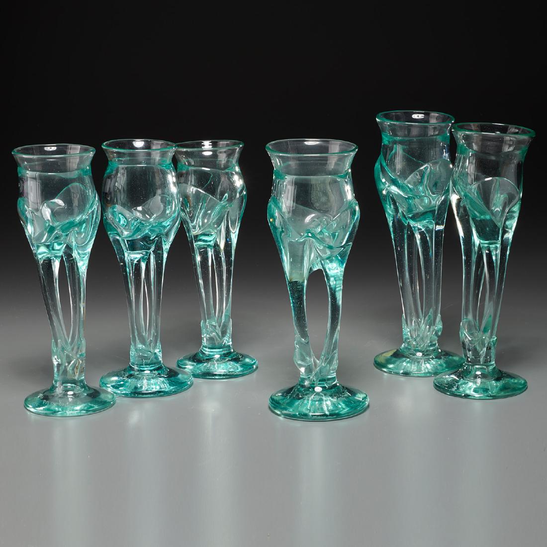 James Wayne, (6) double stem glass goblets: James Wayne, (6) double stem glass goblets, c. 1972, California, hand-blown green glass, each diamond etch signed to underside, 9"h x 4"dia Provenance: Property removed from 1240 Park Avenue, NYC