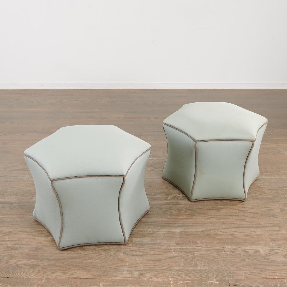 Pair Designer hexagonal poufs: Pair Designer hexagonal poufs, 20th c., pale blue with gray piping, unmarked, 18.5"h x 27"w