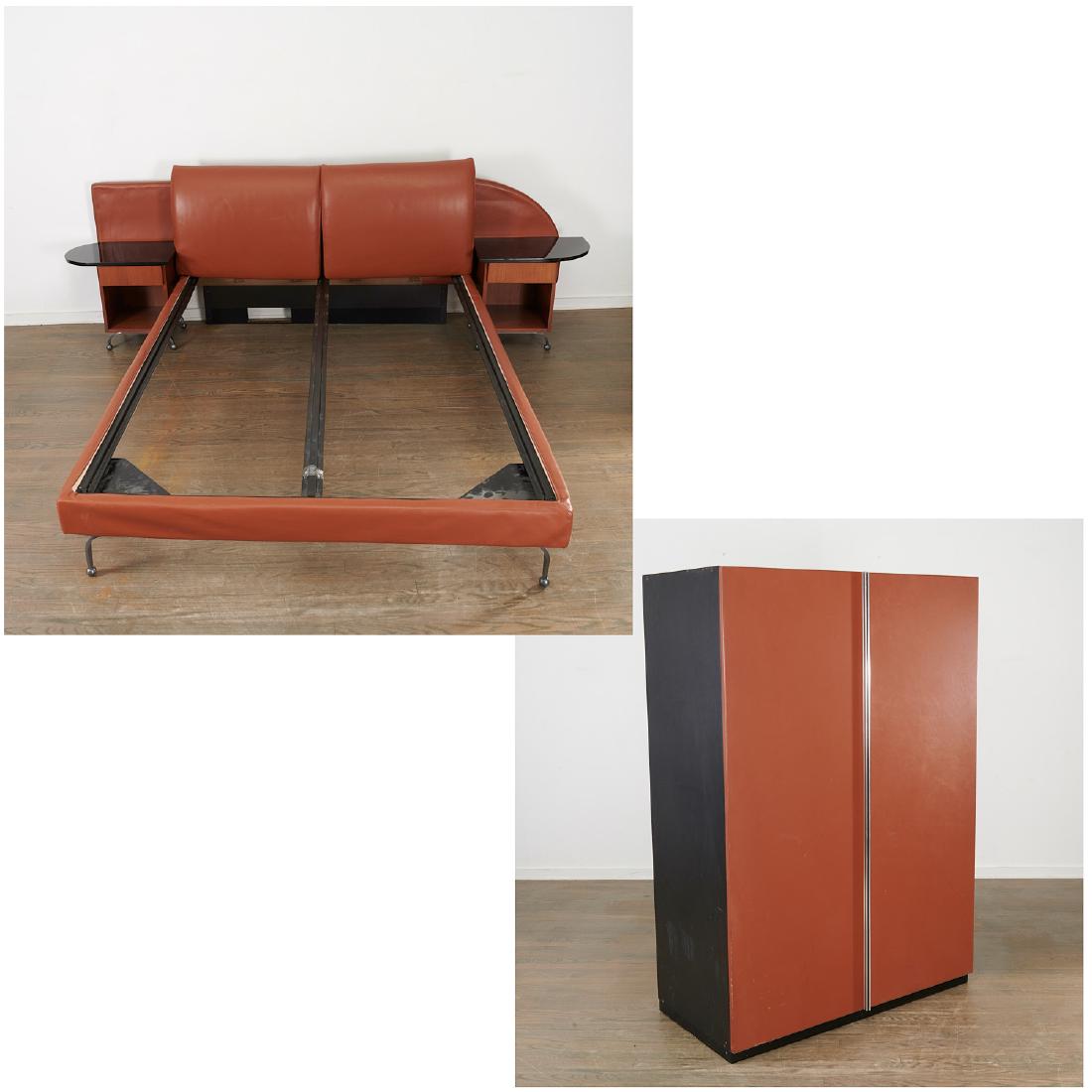 Guido Falaschini, Pace/I4 Marini bed suite: Guido Falaschini, Pace/I4 Marini bed suite, c. 1970s, Italy, including leather upholstered bed frame, wardrobe, and wood and black lacquer side tables, fits full size mattress, signed on fabric deckin