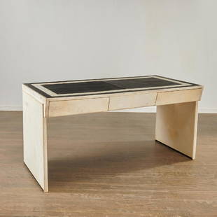 Vintage parchment desk after Jaques Adnet: Vintage parchment desk after Jaques Adnet, c. 1940, white and black parchment over wood, three drawers, attributed to Syrie Maugham, 32"h x 64"l x 31"w