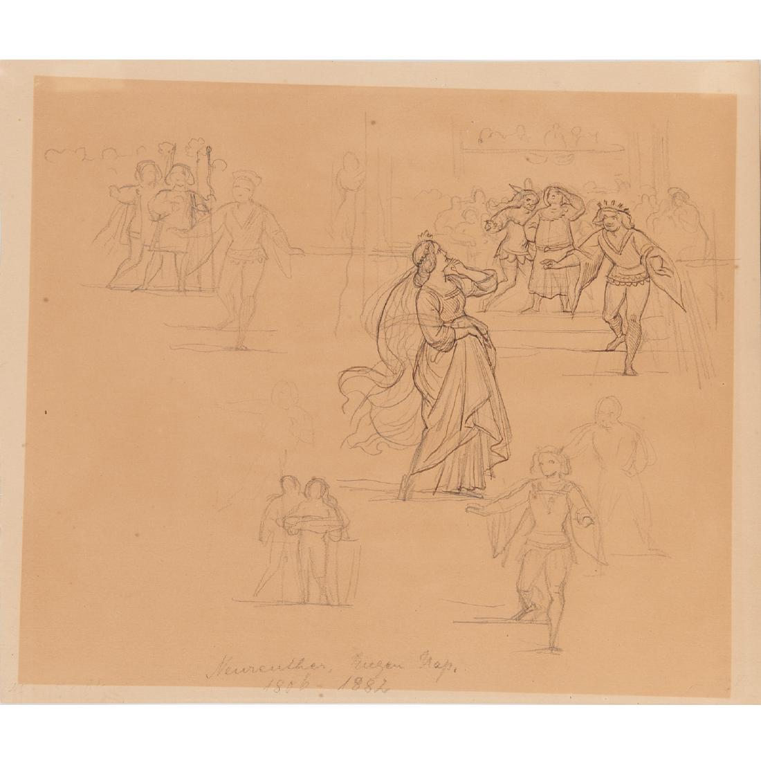 Eugen Neureuther, drawing, c. 1840: Eugen Neureuther, drawing, c. 1840, Eugen Napoleon Neureuther (1806-1882), study for "Aschenputtel" ("Cinderella"), ink and graphite on brown paper, unsigned, pencil inscribed lower margins and on mat