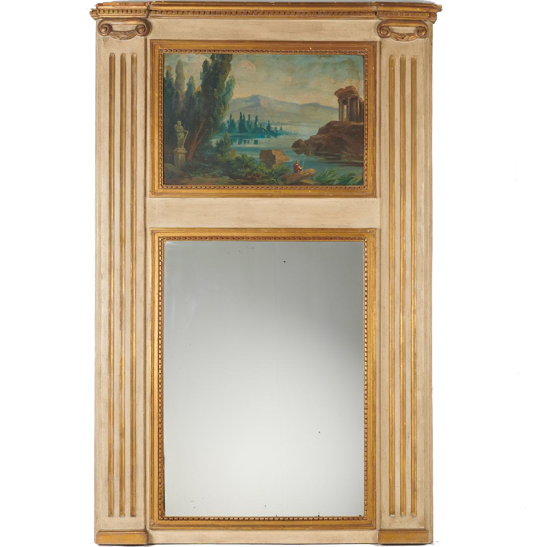 Louis XV style painted and gilt trumeau mirror: Louis XV style painted and gilt trumeau mirror, 19th c., silvered glass and inset oil painting depicting ruins in a country landscape centered between column form painted and gilt sides, with Andre Ch