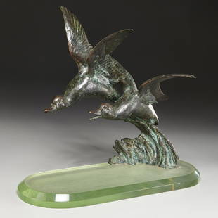 Maximilien Louis Fiot, sculpture: Maximilien Louis Fiot, sculpture, Maximilien Louis Fiot (French, 1886-1953), Ducks in Flight, patinated cast bronze sculpture mounted on thick glass base, impressed signature on lower edge of water "M