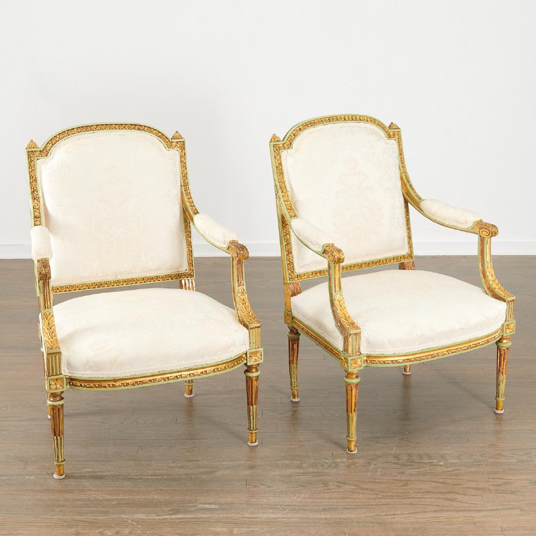 Pair Louis XVI style parcel giltwood fauteuils (1 of 8)
