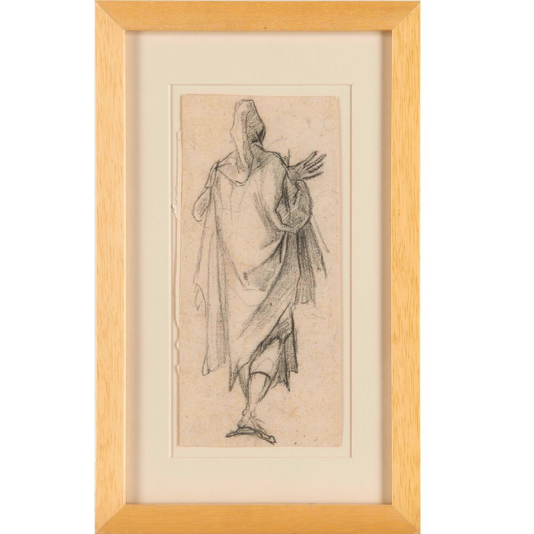 Jacques Bellange (attrib.), drawing: Jacques Bellange (attrib.), drawing, Attributed to Jacques Bellange (French, 1575-1616), Draped Man, charcoal on paper, unsigned, matted and framed, 9"h x 4.125"w (sheet), 13.5"h x 8.25"w (frame) Prov