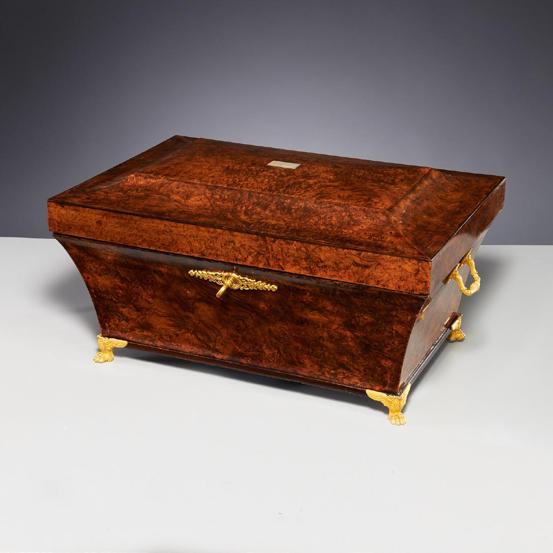 French Restauration burlwood document chest: French Restauration burlwood document chest, c. 1830s, Amboyna veneer with gilt ormolu mounts, mother-of-pearl inlay, silk damask lined interior, paper auction label to underside, 11"h x 21.5"l x 15"w