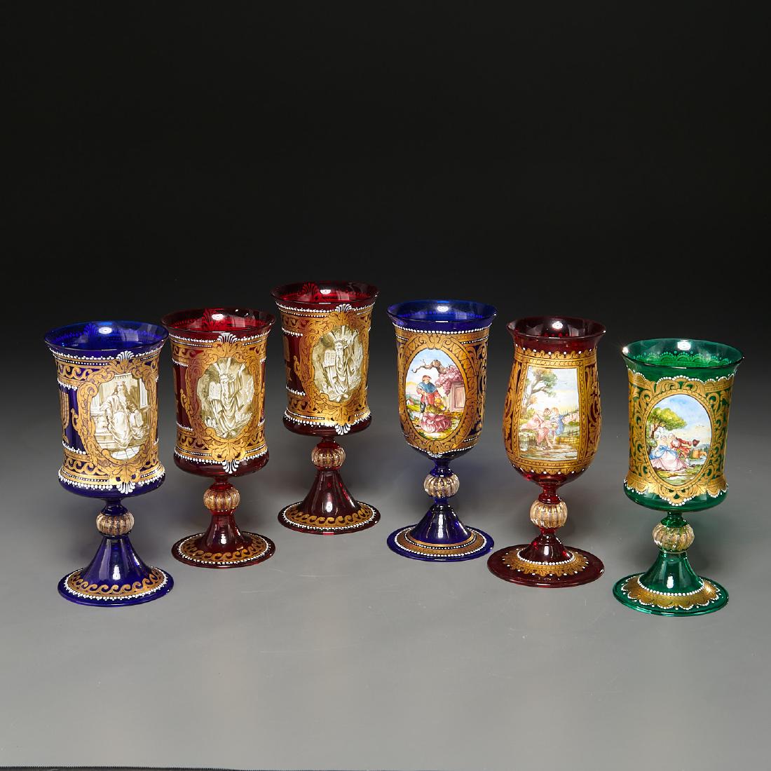(6) Venetian enameled glass wine goblets: (6) Venetian enameled glass wine goblets, 19th/20th c., Italy, ruby, emerald, and blue sapphire glass, including (3) Kiddush cups gilt decorated with menorah and star of David, and with painted rounde
