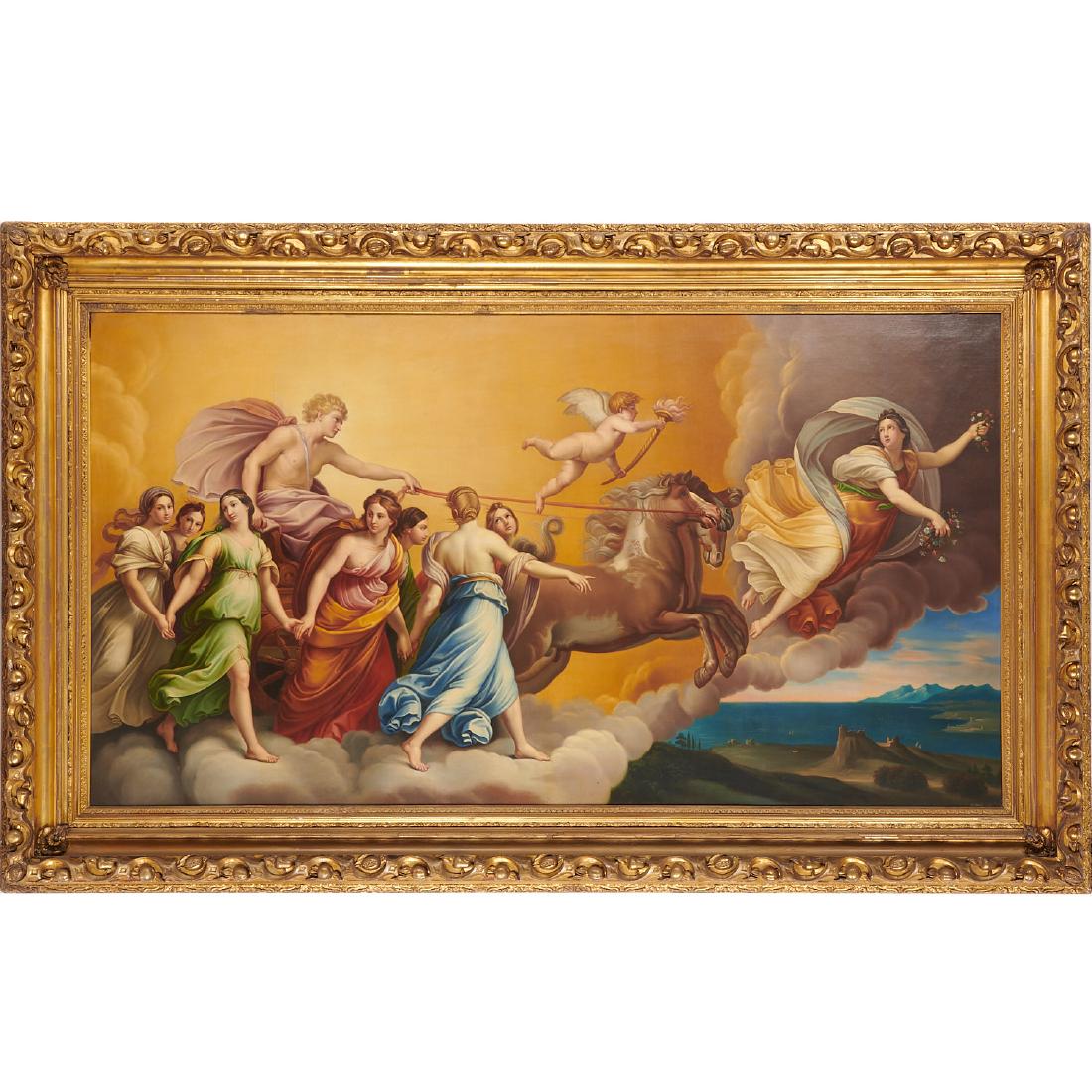 Guido Reni (after), large scale painting, c. 1854: Guido Reni (after), large scale painting, c. 1854, After Guido Reni (Italian, 1575-1642), Aurora, oil on canvas after the fresco, signed and dated "Filippo Casabene - fece in Roma - 1854" on verso, 38
