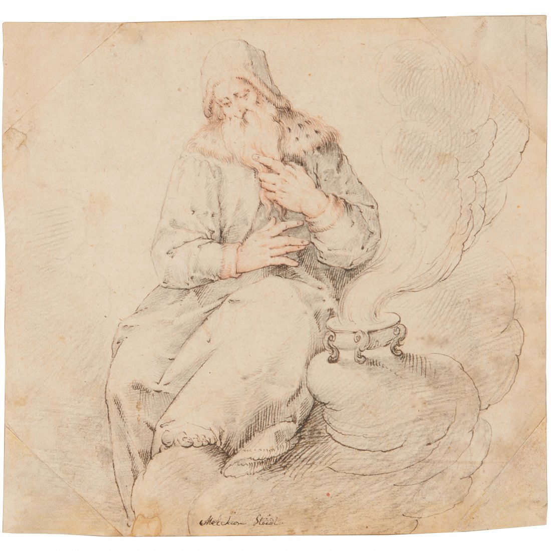 Melchior Steidl, drawing, c. 1690: Melchior Steidl, drawing, c. 1690, Melchior Steidl (German, 1657-1727 Munich), The Magician, graphite, pen and ink in colors on paper, inscribed in ink "Melchior Steidl" on front lower center and vers