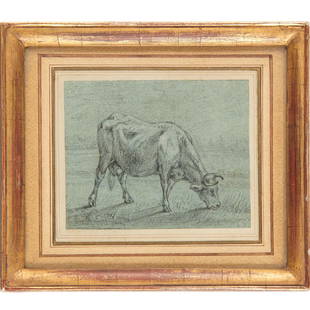 Paulus Potter (attrib.), drawing, 17th c.: Paulus Potter (attrib.), drawing, 17th c., Attributed to Paulus Potter (Dutch, 1625-1654), "Cow Grazing", pencil on blue paper, information label verso, matted and framed under glass, 3"h x 4"w (sight