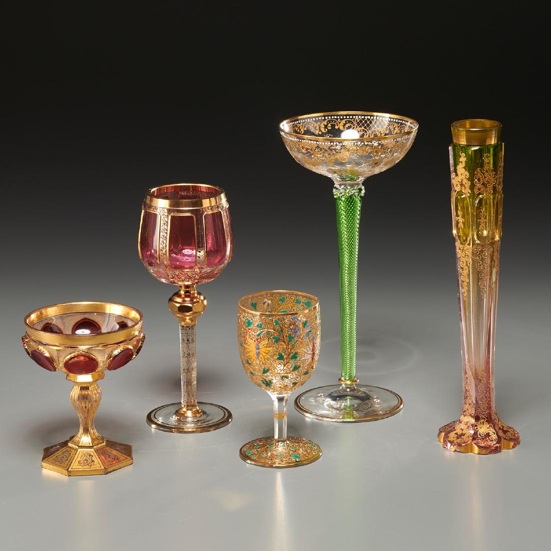 Group Bohemian gilt and enameled glass: Group Bohemian gilt and enameled glass, 19th/20th c., (5) pieces, including four intricately decorated coupe and wine glasses, and a green to lavender faceted bud vase, all unsigned, 10.75"h (tallest)