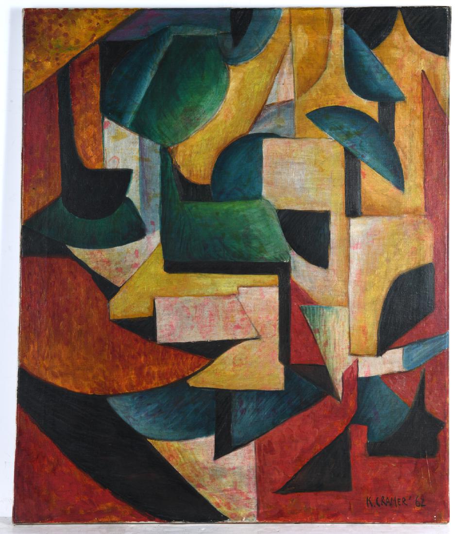 Konrad Cramer, painting, 1962: Konrad Cramer, painting, 1962, Konrad Cramer (American, 1888-1963), oil on canvas, signed and dated lower right and on reverse, 30"h x 25"w (canvas), unframed