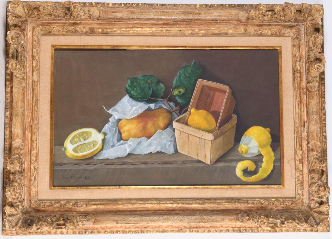 Ilse Bischoff, still life painting: Ilse Bischoff, still life painting, Ilse Bischoff (American, 1901-1990), Still Life with Lemons, gouache on paper, pencil signed "Isle Bischoff" lower left, 11.75"h x 19.25"w (sight), 19.75"h x 27.25"
