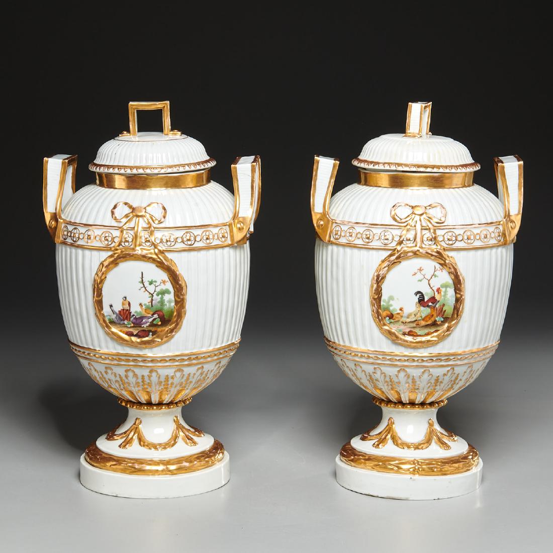 Pair Furstenberg porcelain reeded urns/covers (1 of 10)