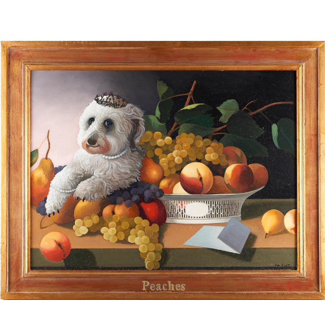 Michael Scott, painting, 2011: Michael Scott, painting, 2011, Michael Scott (American, b. 1952), "Peaches Kardashian", oil on board, signed lower right, titled on frame, gallery label verso, 17.5"h x 23.25"w (sight), 22.5"h x 28.25