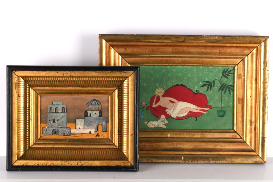 Modern School, (2) small paintings: Modern School, (2) small paintings, Modern School (20th c.), incl. Semi-Nude Lady Reclining on Sofa with Poodle, oil/gouache on Masonite, and Buildings in Desert, watercolor and oil/gouache on board, 