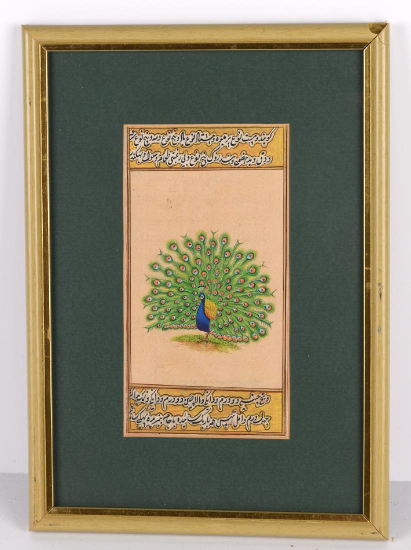 Mughal School, peacock manuscript page: Mughal School, peacock manuscript page, Mughal School (19th/20th c.), ink, gouache/opaque pigment and gilding, 7"h x 3.75"w (sight), 11.5"h x 8"w (frame) Provenance: Property from the Estate of a Prom