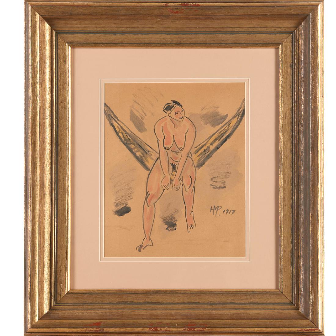 Max Pechstein (after), painting: Max Pechstein (after), painting, After Hermann Max Pechstein (German, 1881-1955), Female Nude, pen, inkwash and watercolor on paper, initialed "HMP" and dated lower right, matted and framed under glas