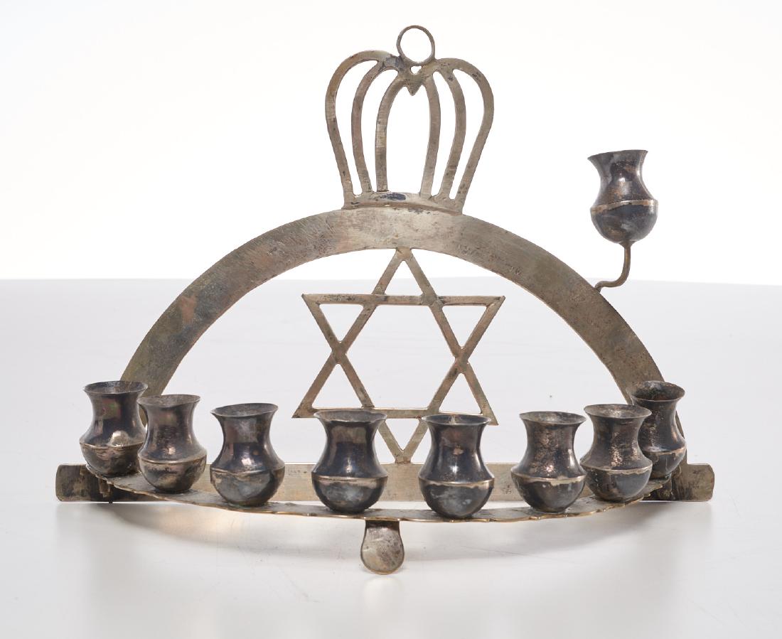 Silver two-part Hanukkah menorah: Silver two-part Hanukkah menorah, 19th/20th c., no visible marks, 7.5"h x 10.5"w x 4"d, approx. 12.5ozt. (purity unknown)