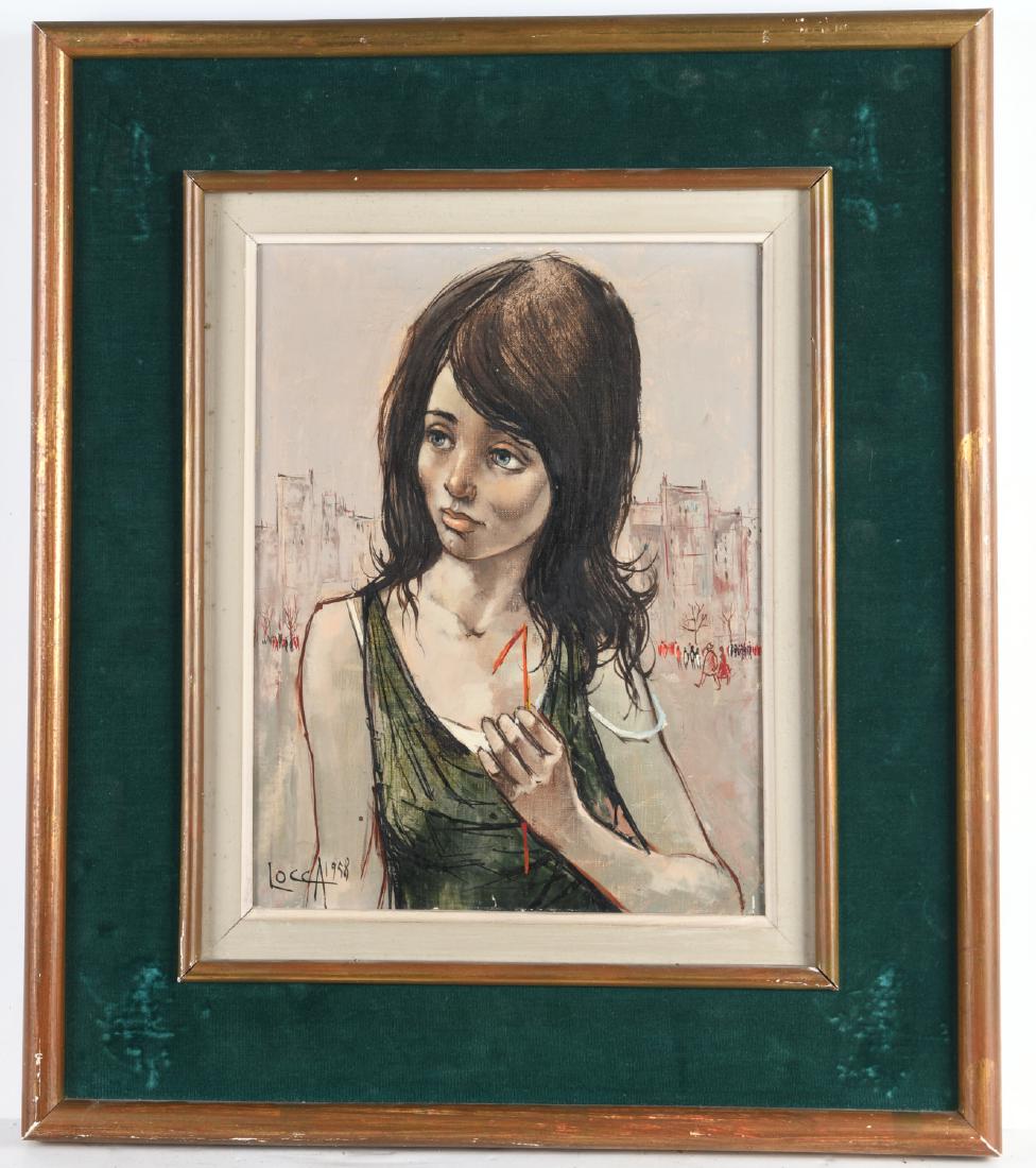 Albert Locca, painting, 1958: Albert Locca, painting, 1958, Albert Locca (Swiss, 1895-1966), Portrait of a Woman, city street scene in background, oil on canvas, signed and dated "Locca, 1958" lower left , 13"h x 10"w (sight), 22"