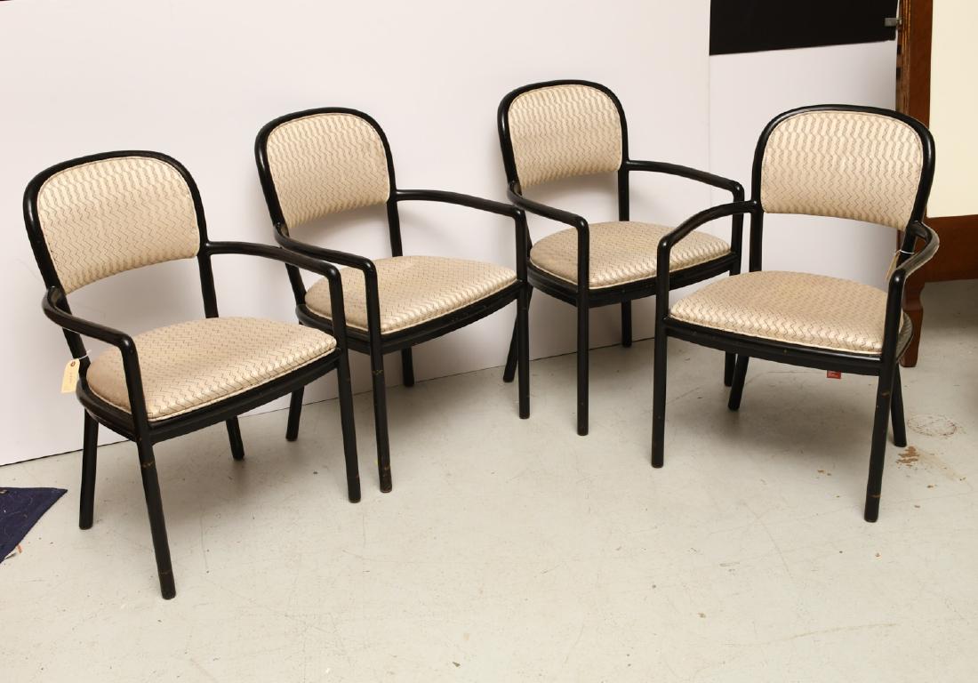 Set (4) Ward Bennett for Brickel Associates chairs: Set (4) Ward Bennett for Brickel Associates chairs, 20th c., black painted bentwood arm chairs, with geometric design upholstered seats and backs, red metal tag label to underside of seats, 34"h x 23"