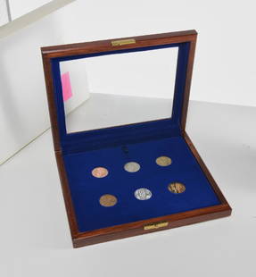 Meyer Vaisman, sculpture, 1989: Meyer Vaisman, sculpture, 1989, Meyer Vaisman (Venezualan, b. 1960), "Coins", six metal coins struck by the Medallic Art Company, Danbury, CT, in cherrywood box, signed by the artist on back of box an