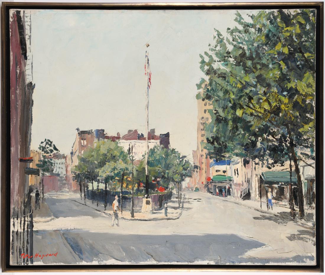 Peter Hayward, painting: Peter Hayward, painting, Peter Hayward (American, 1905-1993), New York City Street Scene, oil on canvas, signed "Peter Hayward" in red lower left, 20"h x 24"w (canvas), 21"h x 25"w (frame)