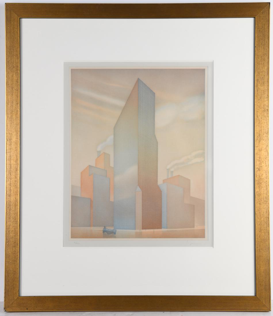 Philippe Lejeune, silkscreen: Philippe Lejeune, silkscreen, Philippe Lejeune (French, 1924-2014), "Plaza", silkscreen on paper, pencil signed lower right, numbered (26/120) lower left, collection label and tag verso, 16.5"h x 13.2