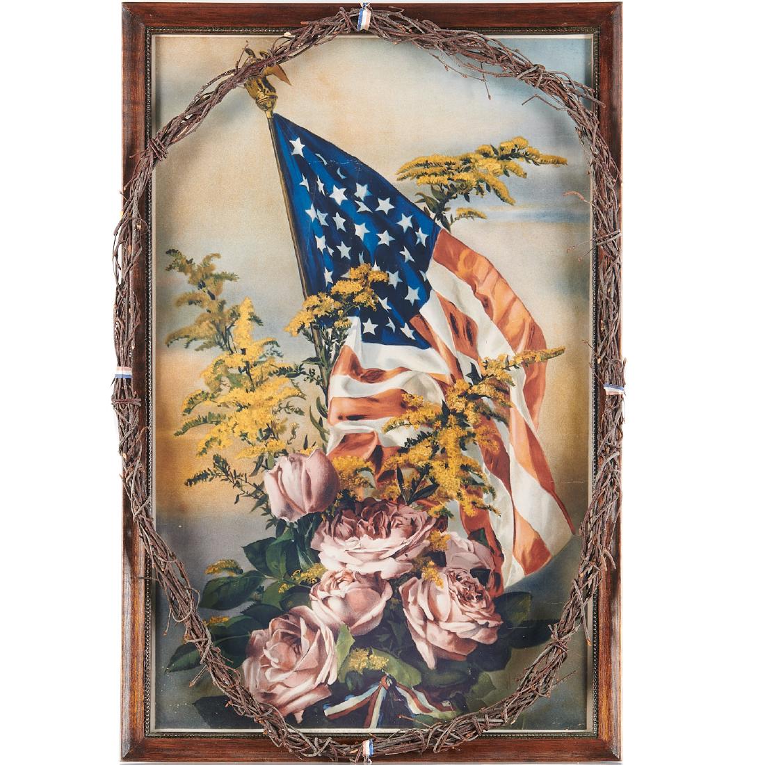 Annette Lemieux, mixed media, 1982: Annette Lemieux, mixed media, 1982, Annette Lemieux (American, b.1957), "Keepsake", mixed media colorprint, wood, twigs and ribbon, signed, titled, dated, and numbered 2/3 verso, under glass in a Mina