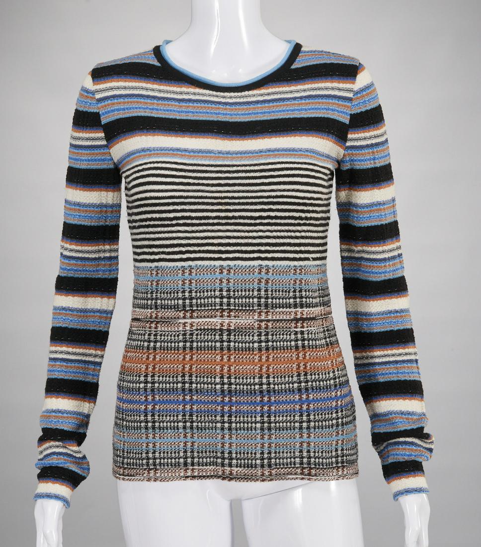 Vintage Missoni stretch knit top: Vintage Missoni stretch knit top, c. 1980's, Made in Italy, stripes in blues and browns, approx. 36"b, 16"sh, 25"sl, 23"l Provenance: From the Florence and Herbert Irving Collection