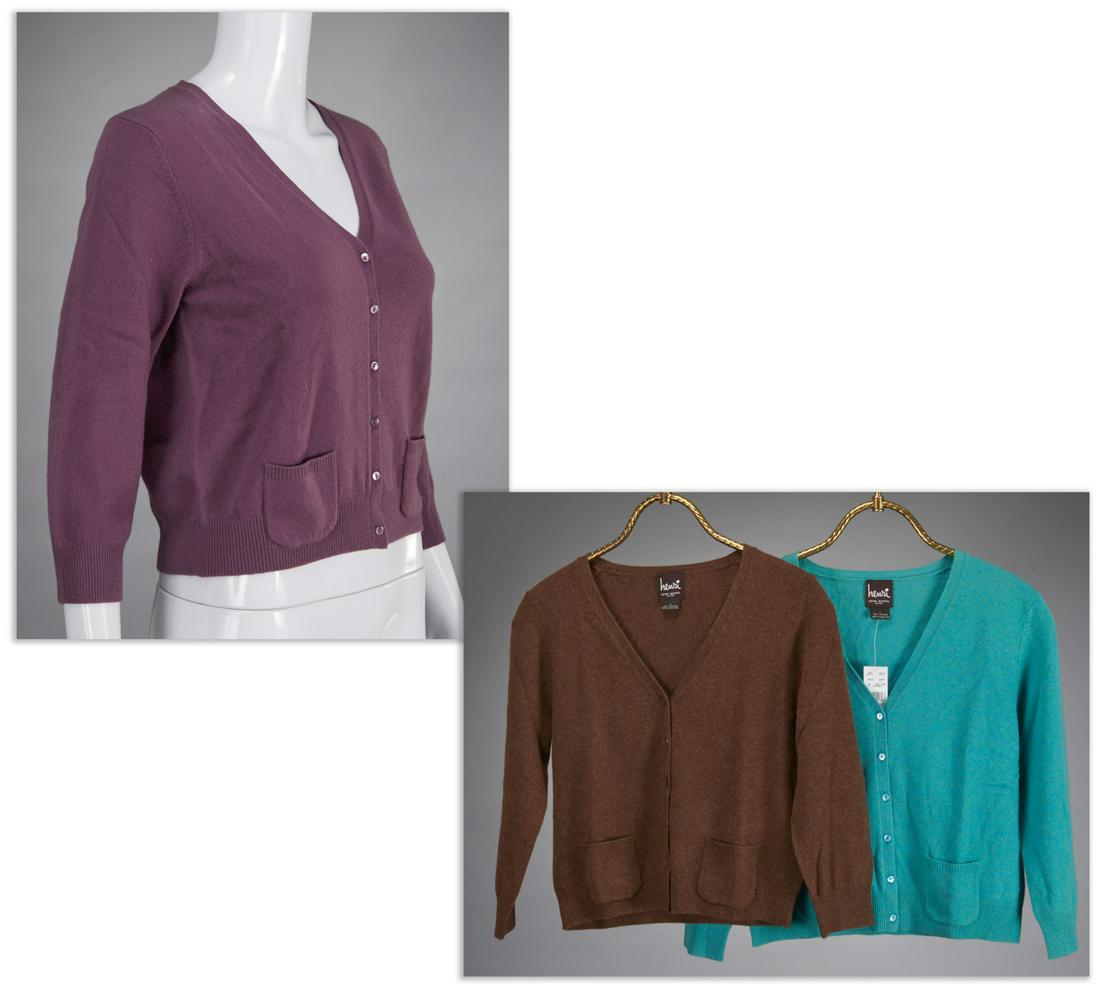 Group of ladies Henri Bendel cashmere sweaters: Group of ladies Henri Bendel cashmere sweaters, late 20th c., (3) in 100% cashmere, new with tags, v-neck crop cardigan style with patch pockets, eggplant, brown and teal, size l, approx. 38"b, 20"l,