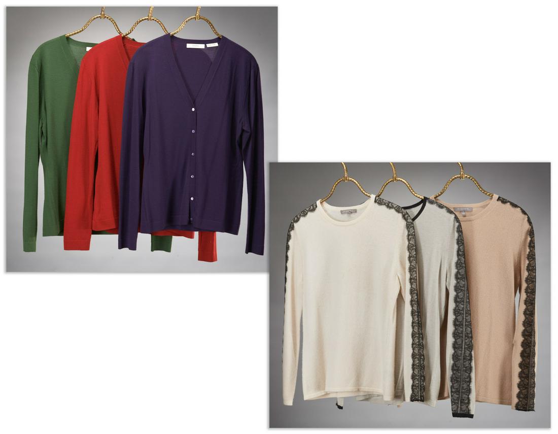 Group of ladies Neiman Marcus cashmere sweaters: Group of ladies Neiman Marcus cashmere sweaters, 2000's, all size L, (6) incl. (1) olive v- neck cardigan, new with original price tag, (1) eggplant v- neck cardigan, (1) red v -neck cardigan, (1) ivo