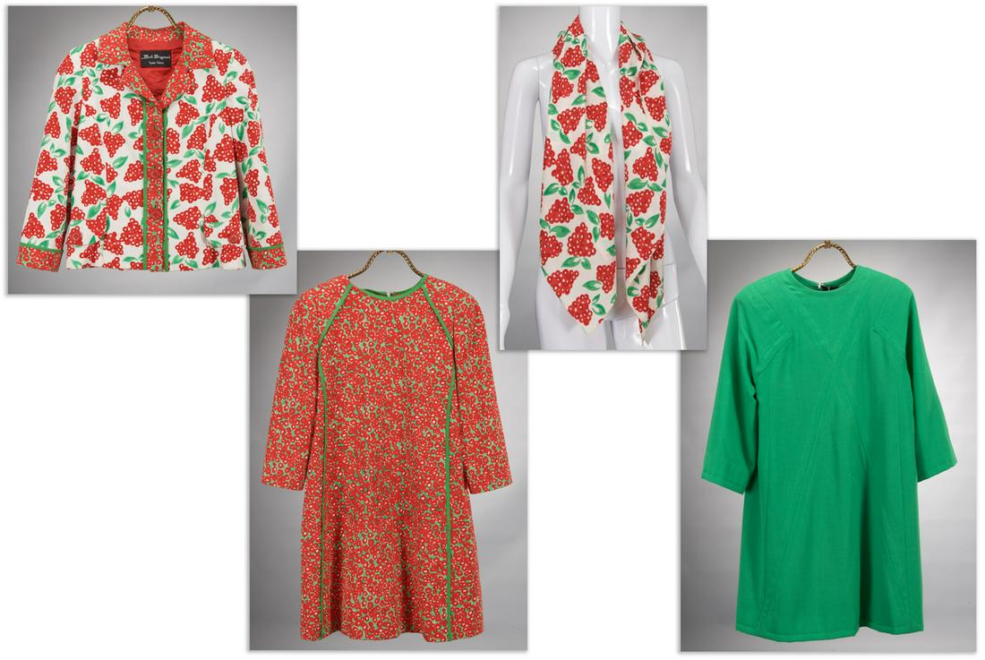 Group of Bob Bugnand New York clothing: Group of Bob Bugnand New York clothing, 1960's, (4) pieces incl. (1) kelly green crepe chemise, 42"b, 38"l, 21"sl, (1) berry print chemise with green trim, 40"b, 36"l, 20"sl, (1) berry print lined jac
