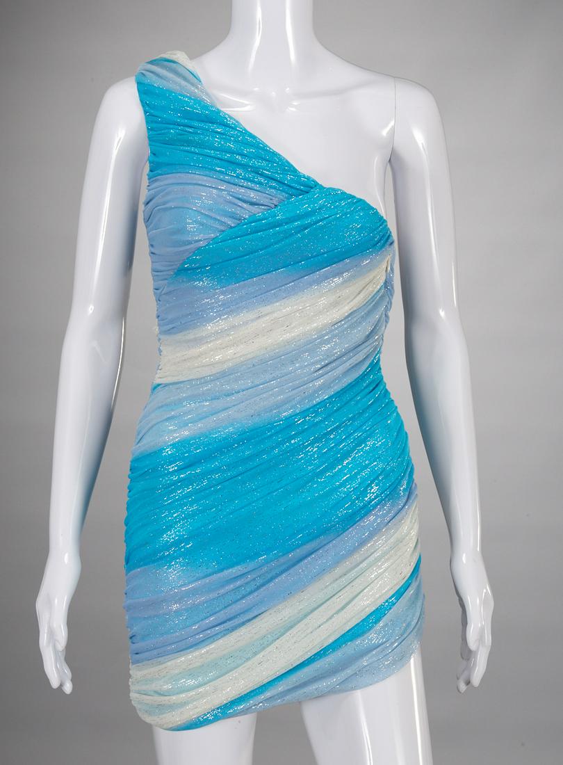 Halston Heritage one shoulder cocktail dress: Halston Heritage one shoulder cocktail dress, 2000's, blue, turquoise and white gathered stretch fabric with silver metallic accents, size XS, 34"l