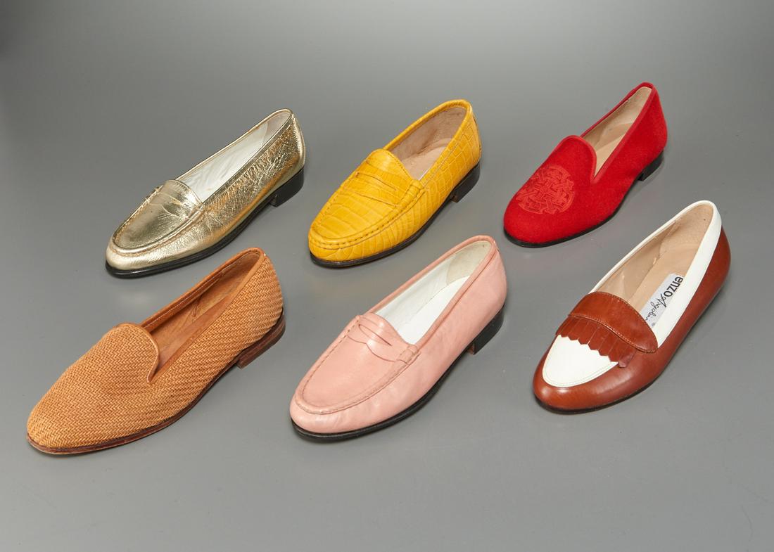 Group of ladies loafers: Group of ladies loafers, late 20th c., (6) pair incl. (2) Helene Arpels, in gold and blush pink, size 5.5, (2) Stubbs & Wooton, in tan straw mesh, size 5.5 & red flannel with crest, size 5, (1) Rangon