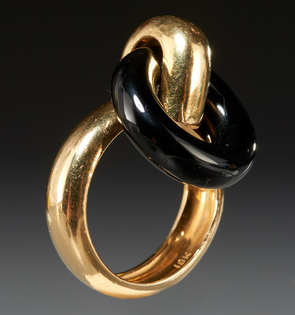 18k gold and onyx loop ring: 18k gold and onyx loop ring, 20th c., doorknocker style dangling black onyx colored loop, approx. 6 dwt (total), stamped 18k, size 6.5