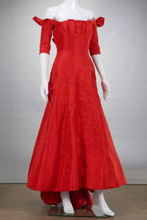 Angel Sanchez red organza ball gown: Angel Sanchez red organza ball gown, 21st c., off the shoulder style with pleated bustline, bustle back, size 6, approx. 56"l, 32"b, 28"w Provenance: From a New Canaan, CT single owner clothing collec