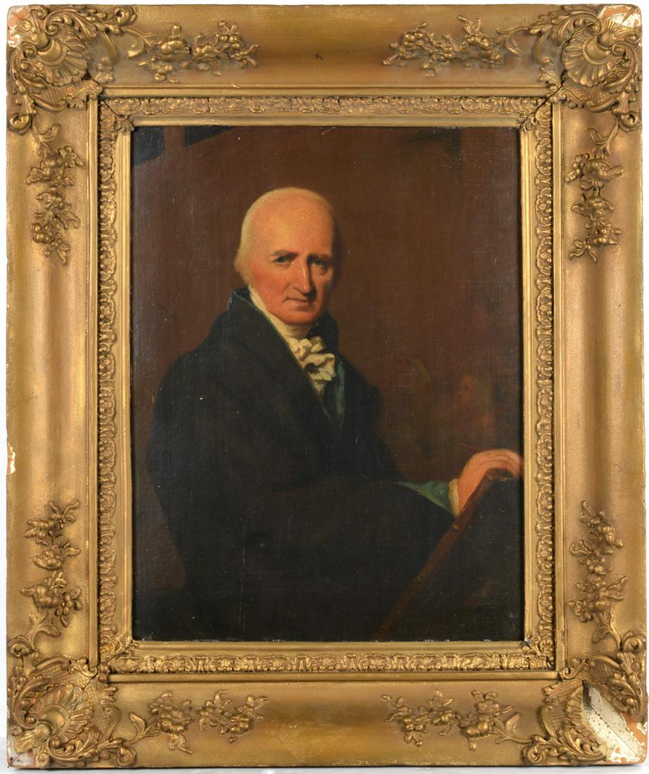 George Watson (after), Portrait of Benjamin West: George Watson (after), Portrait of Benjamin West, After George Watson (Scottish, 1767-1837), oil on board, 19th c., 17"h x 13"w (sight), 24"h x 20.5"w (frame)