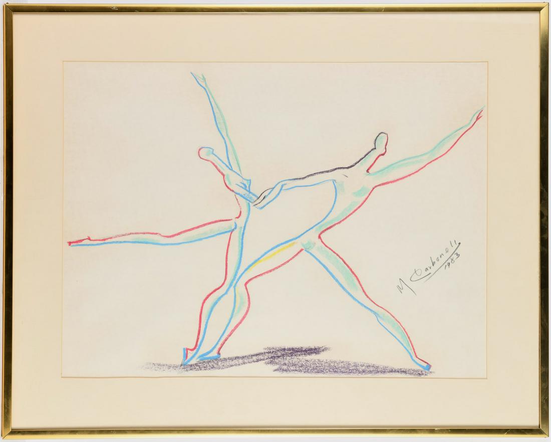 Manuel Carbonell, pastel drawing: Manuel Carbonell, pastel drawing, Manuel Carbonell (Cuban, b. 1918), Dancers, pastel on paper, pencil signed "M. Carbonell" and dated at right, 17.25"h x 23.25"w (sight), 23.75"h x 29.75"w (frame)