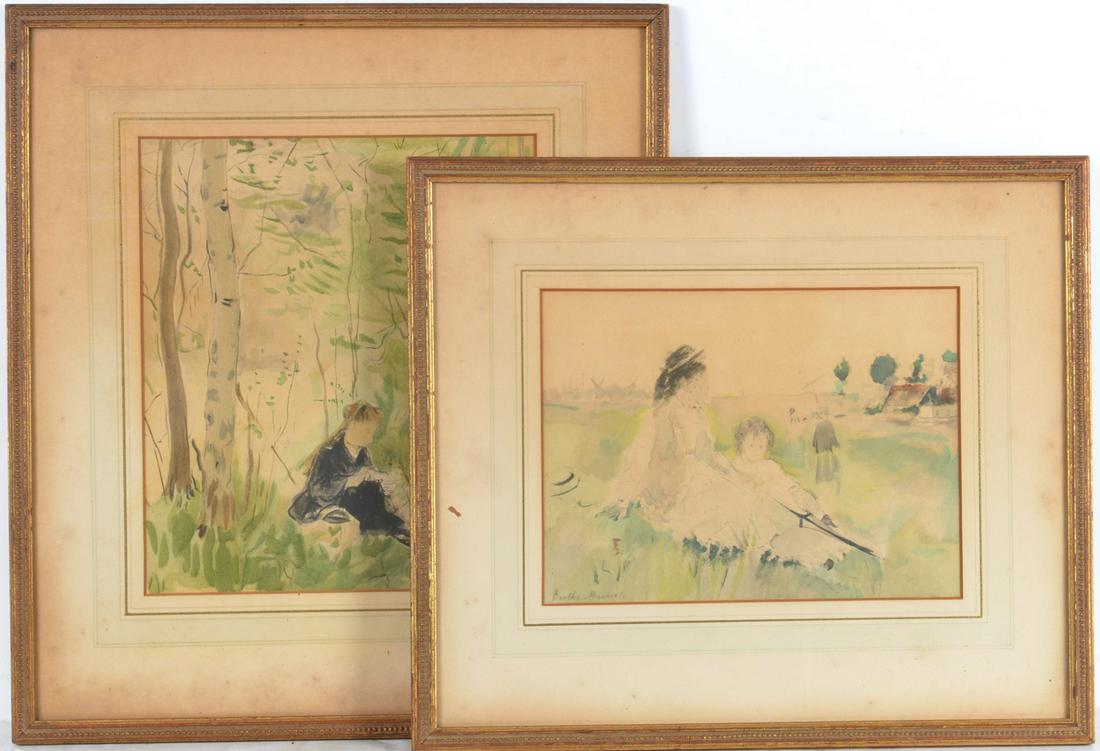 Berthe Morisot (after), pair of watercolors: Berthe Morisot (after), pair of watercolors, After Berthe Morisot (French, 1841-1895), watercolor on paper, signed lower left and right, smaller: 6"h x 8.25"w (sight), 11.5"h x 13.5"w (frame), larger: