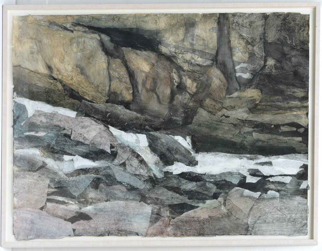 Mariella Bisson, collage: Mariella Bisson, collage, Mariella Bisson (American, 20th c.), "Fishing Place, Red River Colorado", collage and paint on paper, signed "Mariella Bisson" at lower right, 38"h x 49"w (sheet), 41.25"h x