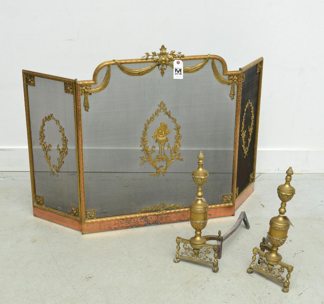 Louis XVI style fire screen and pair andirons (1 of 6)
