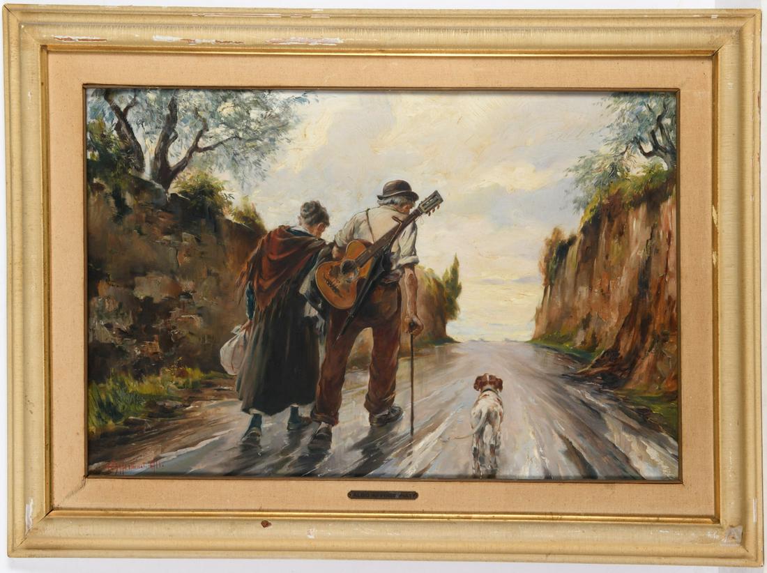 Aldo Affortunati, genre scene painting: Aldo Affortunati, genre scene painting, Aldo Affortunati (Italian, 1906-1991), Elderly Couple with Dog, illustration style oil on canvas, signed "Affortunati Aldo" in red at lower left, gallery label