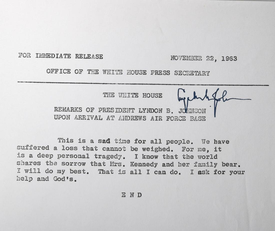 Lyndon Johnson, signed JFK press release (1 of 7)