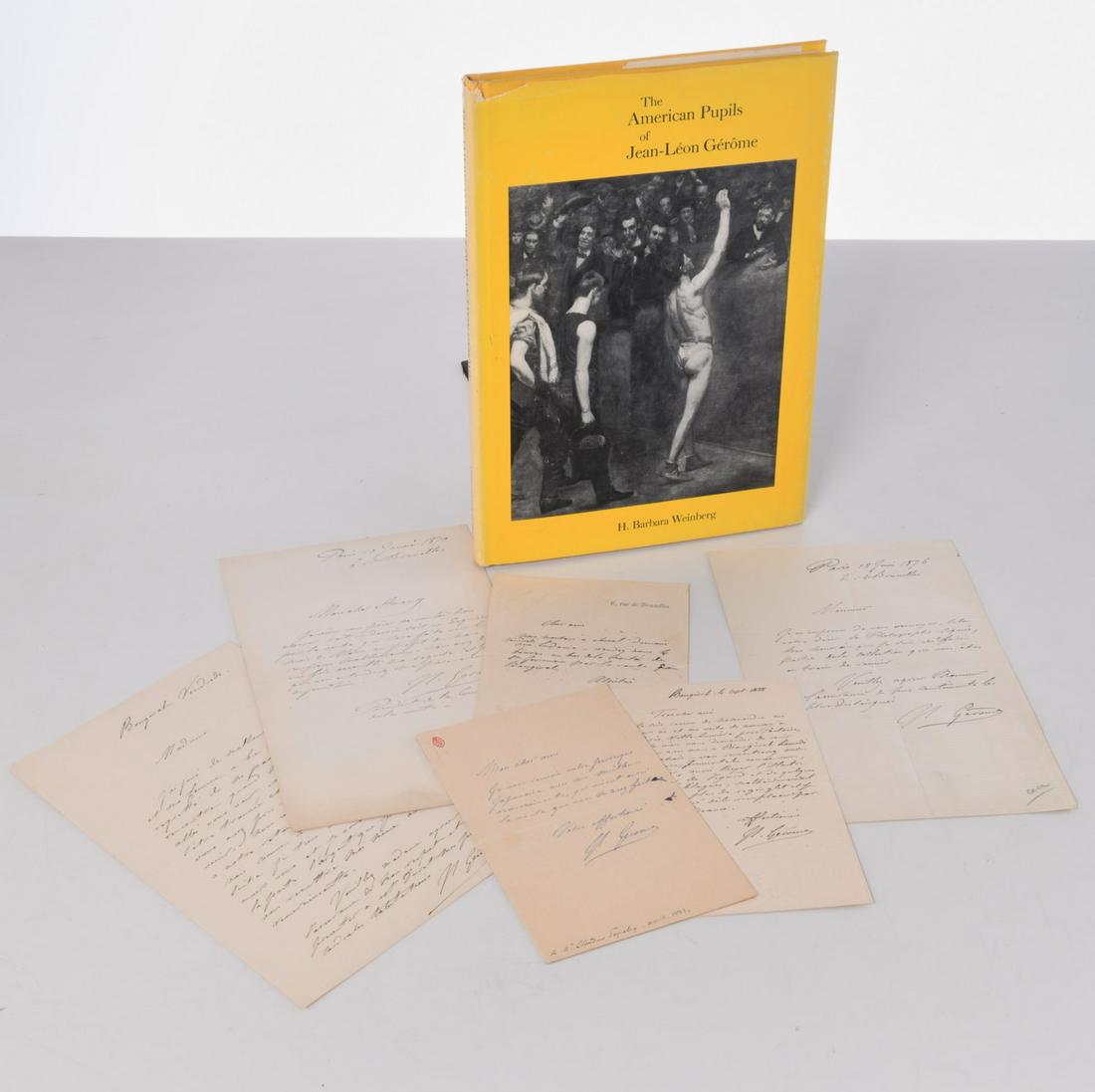 Jean-Leon Gerome, autographed letters & book: Jean-Leon Gerome, autographed letters & book, Jean-Leon Gerome (French, 1824-1904), (6) hand-written notes and letters, three dated 1870, 1876, 1888, each signed "JL Gerome", smallest: 5"h x 4"w, larg