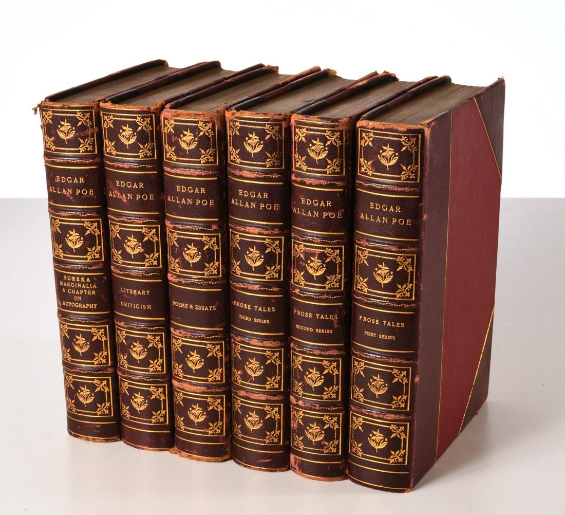 BOOKS: (6) Vols Edgar Allan Poe, c. 1884: BOOKS: (6) Vols Edgar Allan Poe, c. 1884, Edgar Allan Poe. Illustrated Cabinet Edition, The Page Company, Boston. Copyright 1884, leather spines and corners, marbled endpapers, various page counts, in