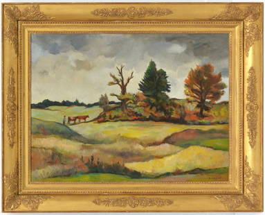 Bernard Karfiol, large painting: Bernard Karfiol, large painting, Bernard Karfiol (American, 1886-1952), Pastoral Landscape, oil on canvas, signed "B. Karfiol" in red at lower right, illegible inscription to stretcher verso, 25.5"h x