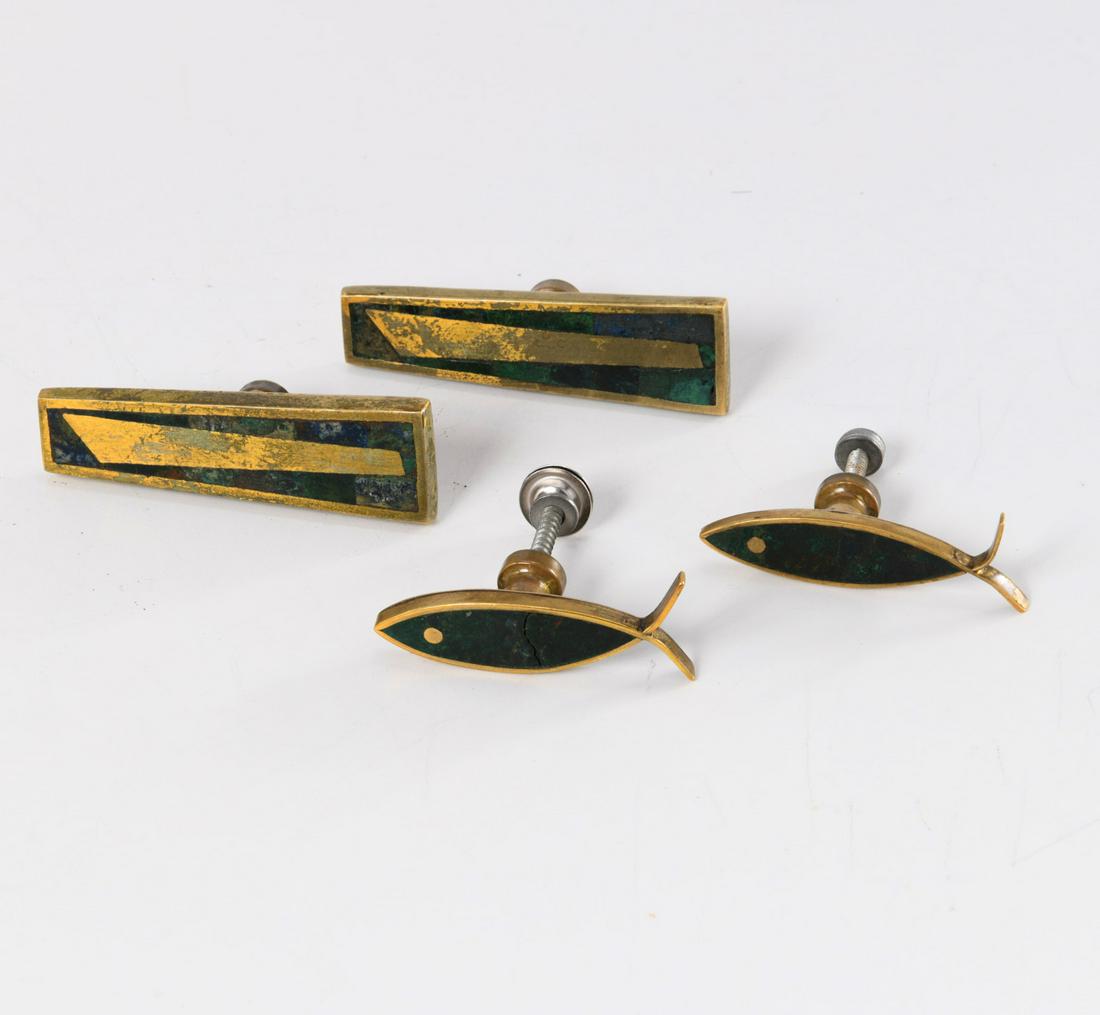 (4) Los Castillo bronze and malachite drawer pulls: (4) Los Castillo bronze and malachite drawer pulls, 20th c., Mexican, incl. (2) geometric and (2) fish, each stamped verso, 1"h x 3"l (larger)