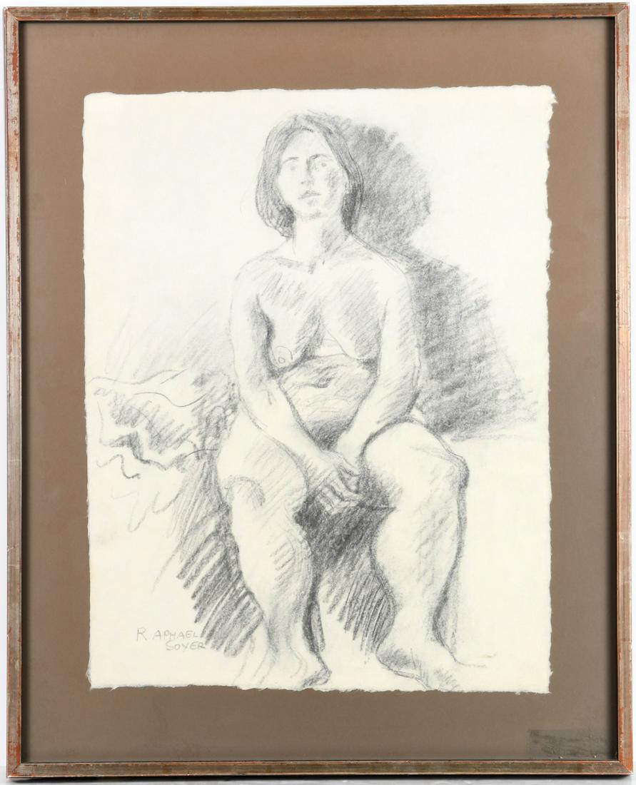 Raphael Soyer, charcoal drawing: Raphael Soyer, charcoal drawing, Raphael Soyer (American, 1899-1987), Girl Seated, nude portrait, charcoal on paper, signed "Raphael Soyer" at lower left, gallery label verso, 21"h x 16"w (sheet), 26.